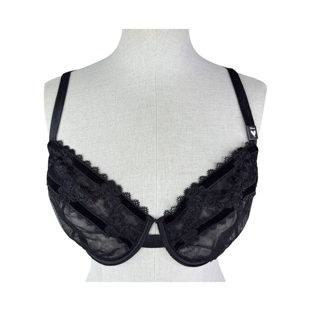 NWT Victoria's Secret Demi Mesh Bra sz 36DD * Black Embroidered Velvet Unlined